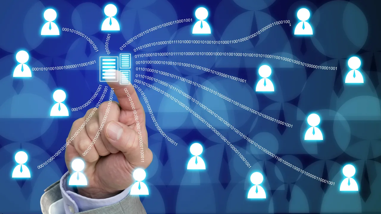 Hand reaching towards a glowing digital records icon surrounded by connected people icons and streams of data